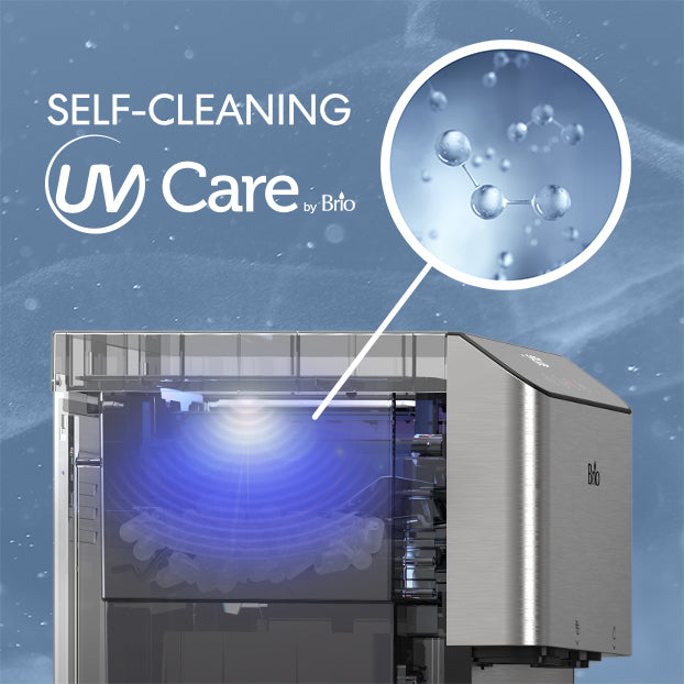 A water dispenser with a blue UV light inside is shown, highlighting its self-cleaning feature. A close-up of water molecules and the text “SELF-CLEANING UV Care by Brio” appear in the image.